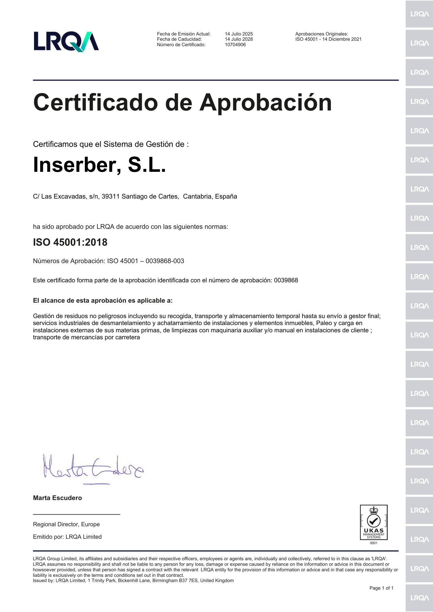 Certificado ISO 45001:2018 de Inserber