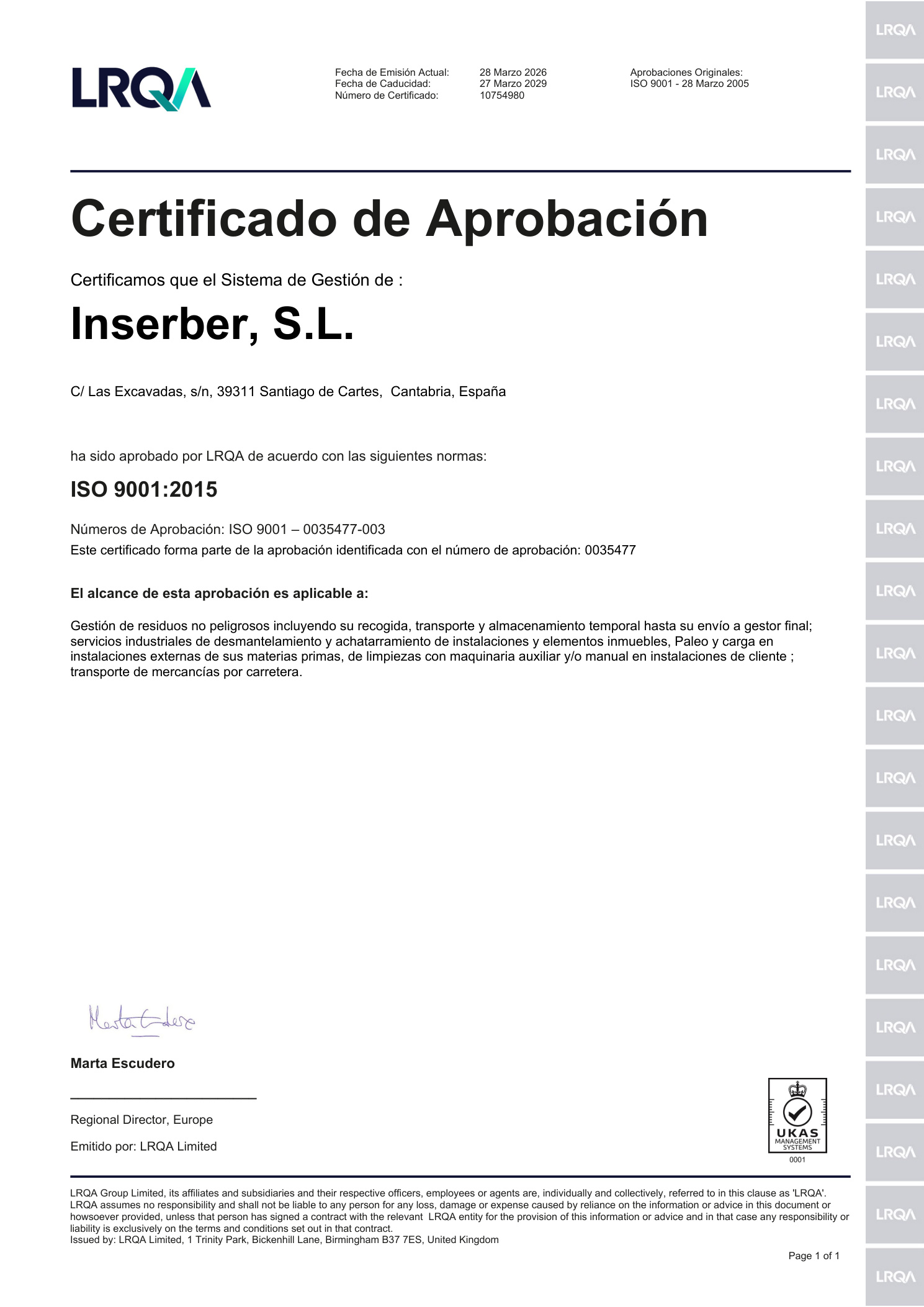 Certificado ISO 9001:2015 de Inserber